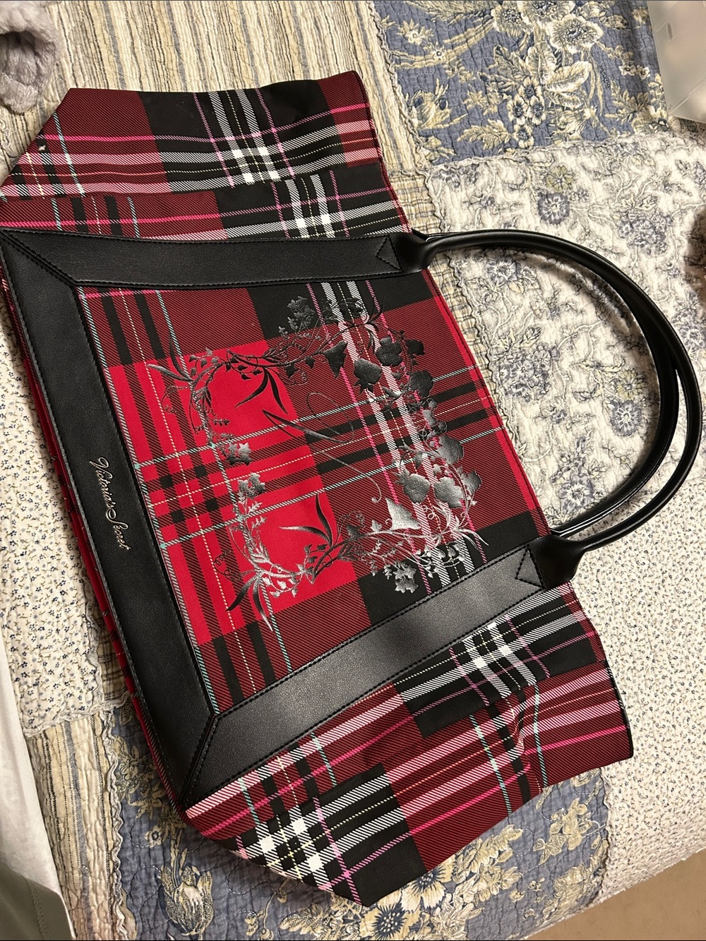 Victoria's Secret Red Plaid Tote with Black Trim